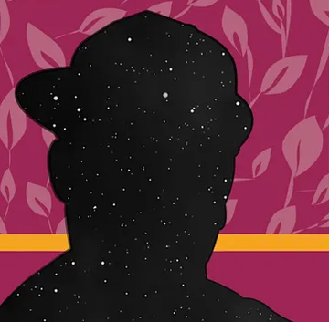 Outline of person wearing cap, appearance of a black night sky with stars