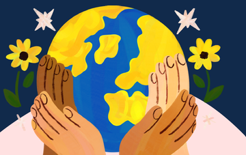 cartoon picture of hands around earth with flowers in background