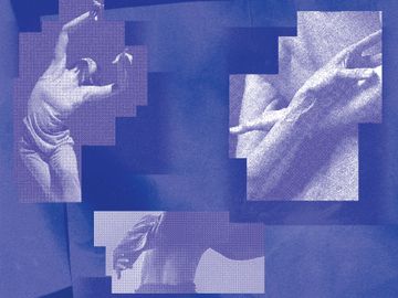 deep blue geometric graphic showing pieces of photos of human body in movement