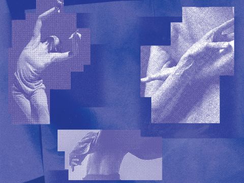 deep blue geometric graphic showing pieces of photos of human body in movement