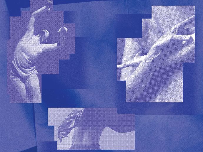 deep blue geometric graphic showing pieces of photos of human body in movement