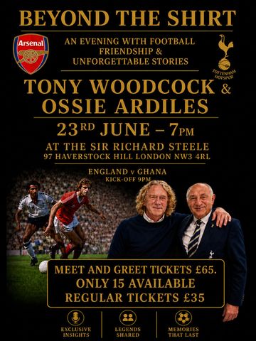 Promotional poster advertising football event featuring legends, match viewing, tickets, venue details, information and schedule