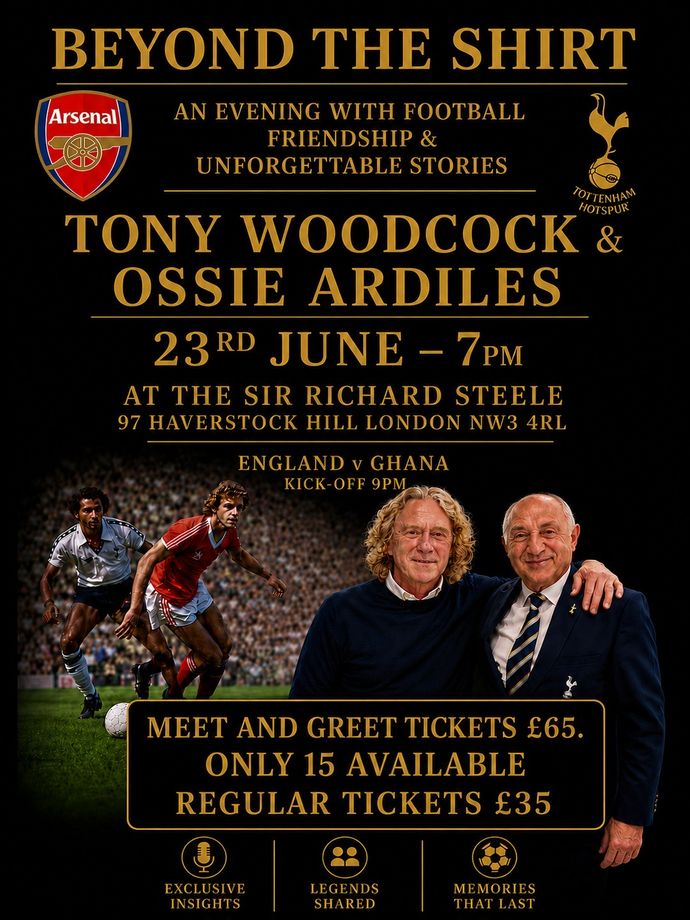 Promotional poster advertising football event featuring legends, match viewing, tickets, venue details, information and schedule