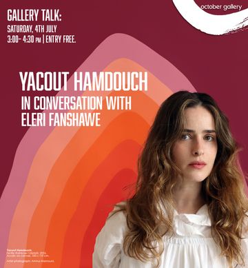 Promotional poster featuring woman beside colorful gallery talk event details against vibrant abstract background design.