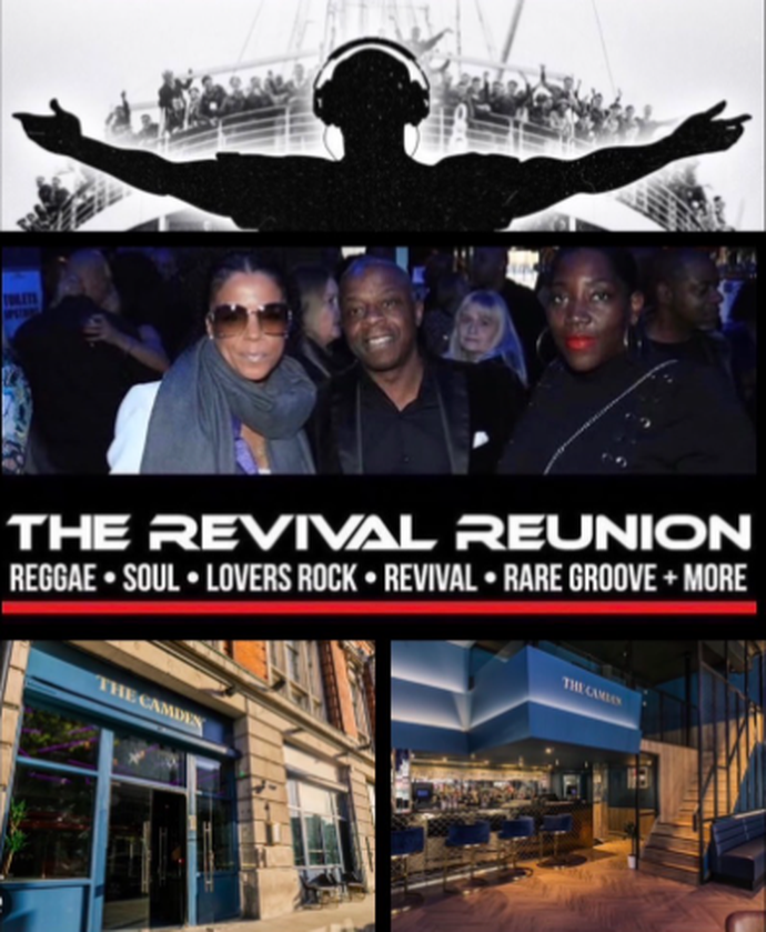 Collage promoting "The Revival Reunion" event featuring genres like reggae and soul, with images of attendees and The Camden venue exterior.