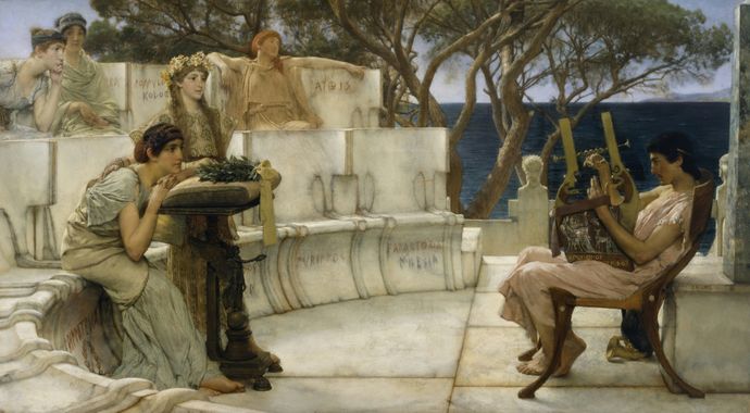 Ancient Greek amphitheater scene with a seated musician playing a lyre to a group of attentive women, near a coastal backdrop.