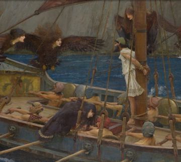 Painting of a ship - person is tied to ship mast, other men on ship are rowing while women with wings hover around the scene
