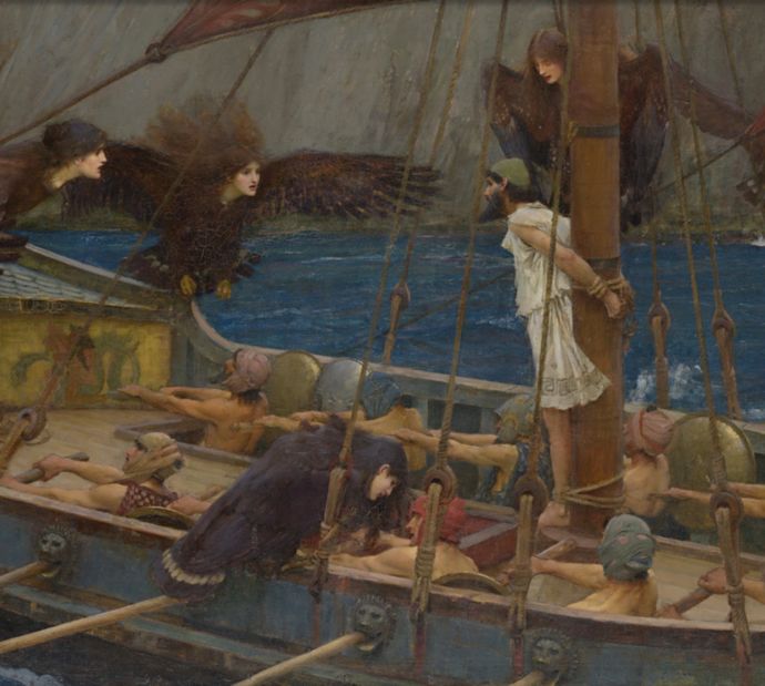Painting of a ship - person is tied to ship mast, other men on ship are rowing while women with wings hover around the scene