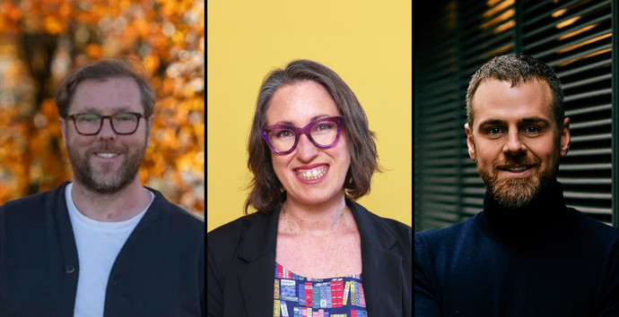 Photos of three people, left to right, person wearing glasses and beard, person wearing purple rimmed glasses and shoulder length hair, person with short hair cut and beard with high neck navy jumper or jacket