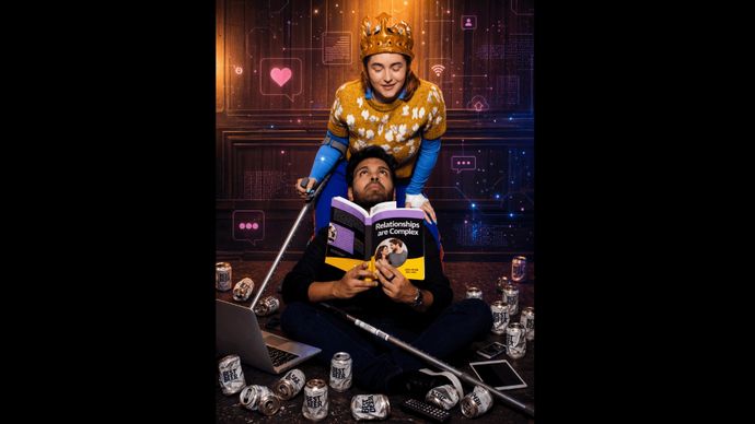 Crowned figure leans over reader holding relationship book amid devices, crutches, cans, and digital icons.