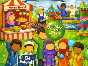Colourful cartoon of adults and children outside with bouncy castle and food stand