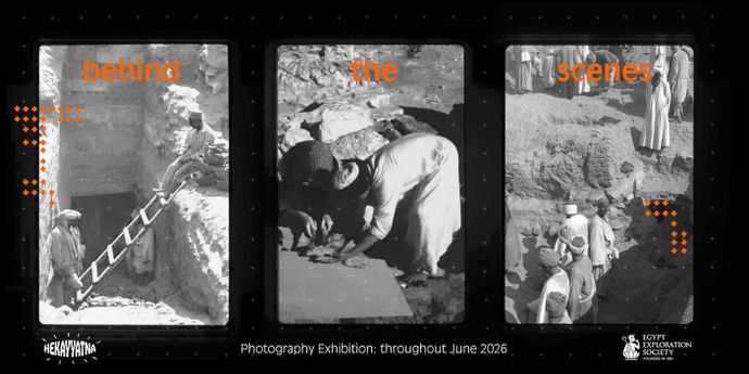 Black and white images of an archaeological dig site with workers, titled "behind the scenes." Photography exhibition in June 2026.