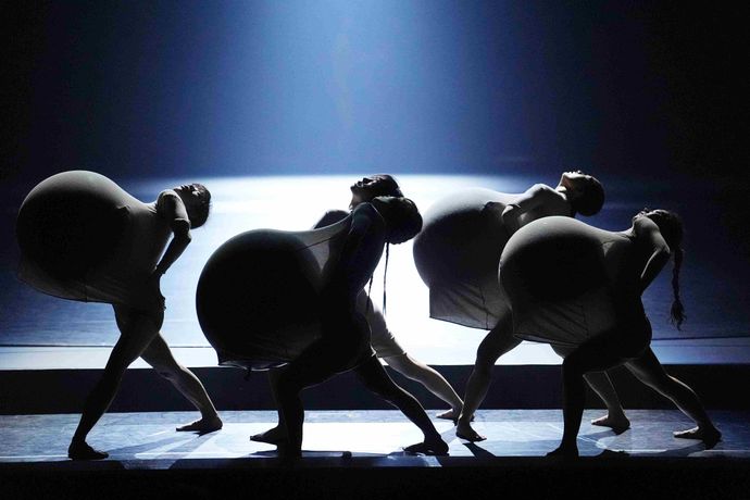 Silhouetted dancers in dynamic poses, wearing costumes with large, rounded shapes, on a dimly lit stage.