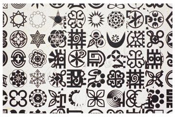 A collage of various intricate black geometric symbols and patterns on a white background, creating a visually complex and abstract design.