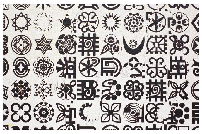 A collage of various intricate black geometric symbols and patterns on a white background, creating a visually complex and abstract design.