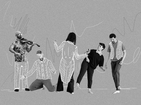 Grey background with scribbles on and graphic cut=-out of 5 people with photographic faces and hand-drawn bodies striking different poses