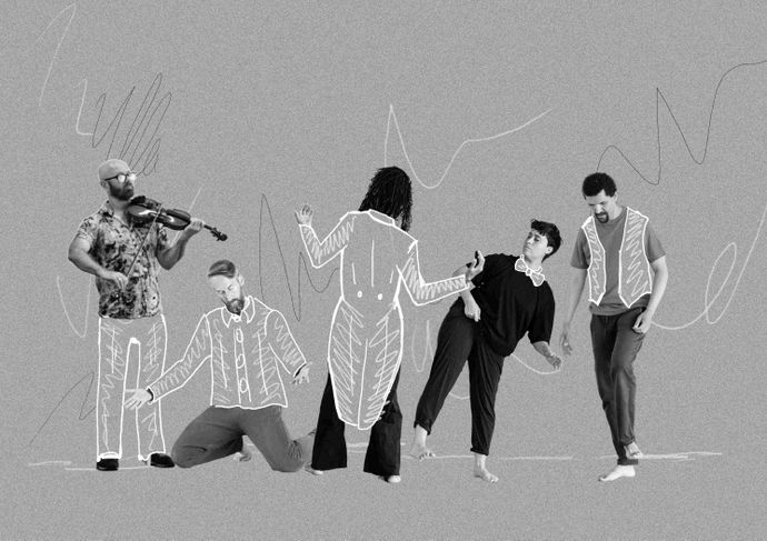 Grey background with scribbles on and graphic cut=-out of 5 people with photographic faces and hand-drawn bodies striking different poses