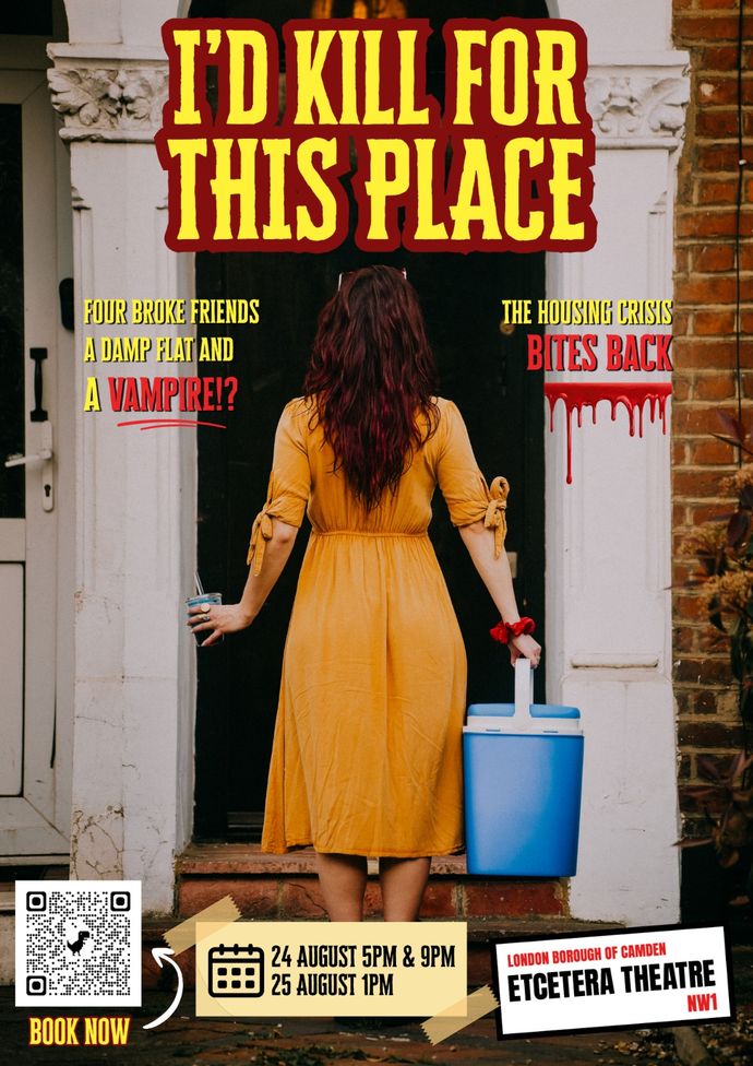 A vampire scene with a lady in  yellow dress holding a ice cooler in one hand entering a door