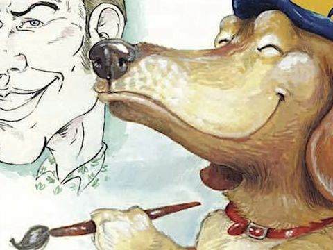 A dog in a blue beret paints a man's caricature with a paintbrush, smiling contently.