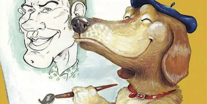 A dog in a blue beret paints a man's caricature with a paintbrush, smiling contently.