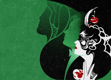 Stylized black-and-white profile with ornate details, red accents, layered silhouettes, green textured background, artistic vintage design.