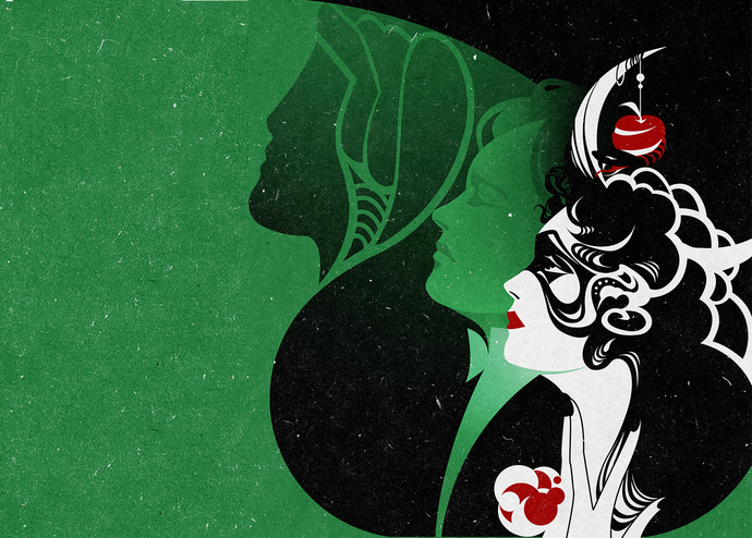 Stylized black-and-white profile with ornate details, red accents, layered silhouettes, green textured background, artistic vintage design.