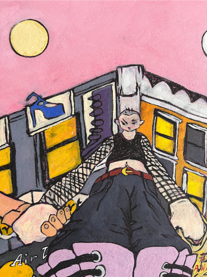 Abstract art of a person with exaggerated features, fishnet sleeves, and moon in the background, surrounded by urban elements in bright hues.