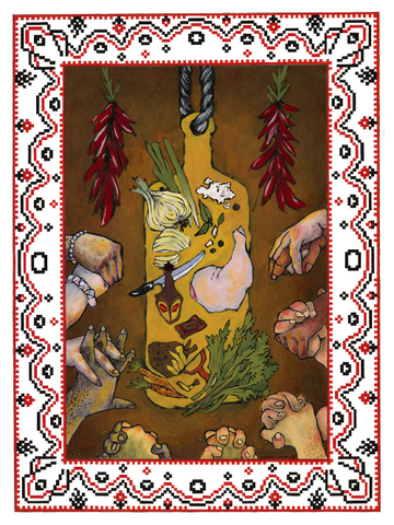 Colorful illustration of food preparation with hands, vegetables, and spices on a table, framed by a decorative red and white pattern.