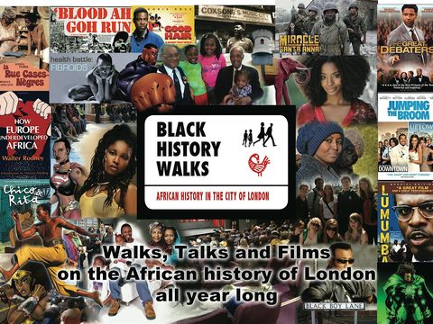A collage of book and film covers featuring Black characters and stories, centred around a sign reading Black History Walks with silhouettes of walking figures.