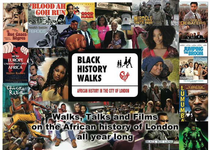 A collage of book and film covers featuring Black characters and stories, centred around a sign reading Black History Walks with silhouettes of walking figures.