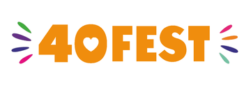 "40FEST" text in bold orange letters, with a heart replacing the zero, and colorful accents around the text.