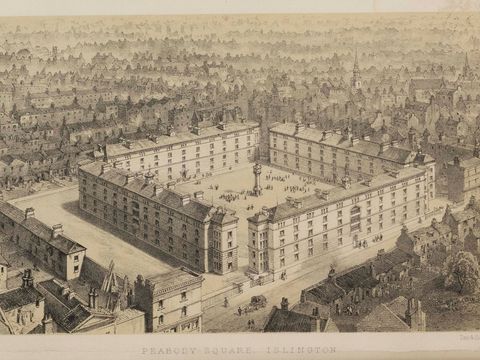 Aerial view of a historic square in Islington, with large, enclosed buildings surrounding an open courtyard, set within a densely built urban area.
