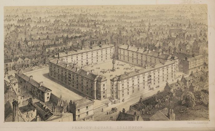 Aerial view of a historic square in Islington, with large, enclosed buildings surrounding an open courtyard, set within a densely built urban area.