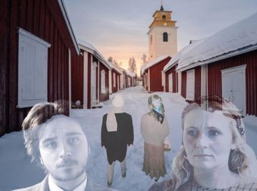 Red wooden buildings and a church in the snow, with ghostly overlays of two men and two women in vintage clothing.