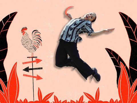 Cut out graphic, peach background with graphic black and red leaves along bottom,  and person jumping in air smilng with legs bent behind them and holding coral feather