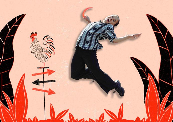 Cut out graphic, peach background with graphic black and red leaves along bottom,  and person jumping in air smilng with legs bent behind them and holding coral feather