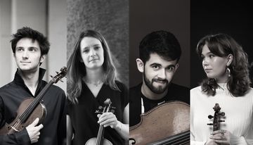 Four musicians standing side by side, each holding a string instrument including violins and a cello, against a neutral background.