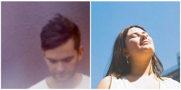 Split image: On the left, a person with short hair looking down; on the right, a person with closed eyes enjoying sunlight under a blue sky.