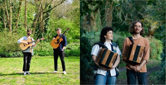 Two musicians with guitars stand on grass; two others with accordions stand in a wooded area. All are outdoors and smiling.