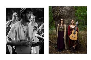 Left: Black and white photo of a person playing a banjo. Right: Two people standing by a tree, one holding a guitar, in a forest setting.