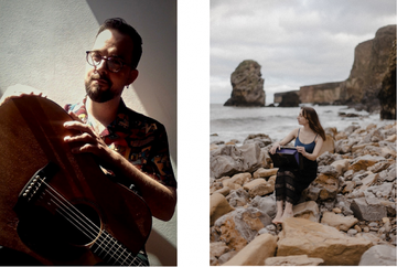 Man with guitar in sunlight; woman sitting on rocky beach with a laptop.