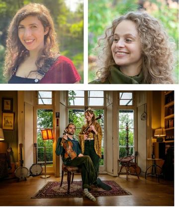 Two women smiling outdoors in separate photos above a couple indoors with musical instruments in a warmly lit room.