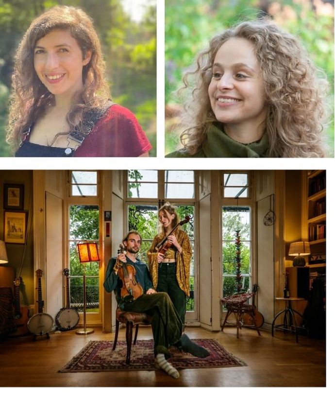 Two women smiling outdoors in separate photos above a couple indoors with musical instruments in a warmly lit room.