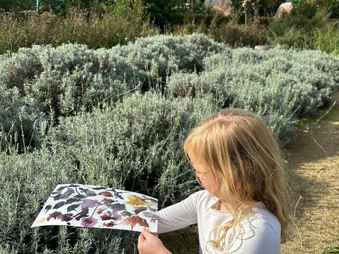 A child stands on a garden path examining a painting held in hand, surrounded by bushes and greenery.