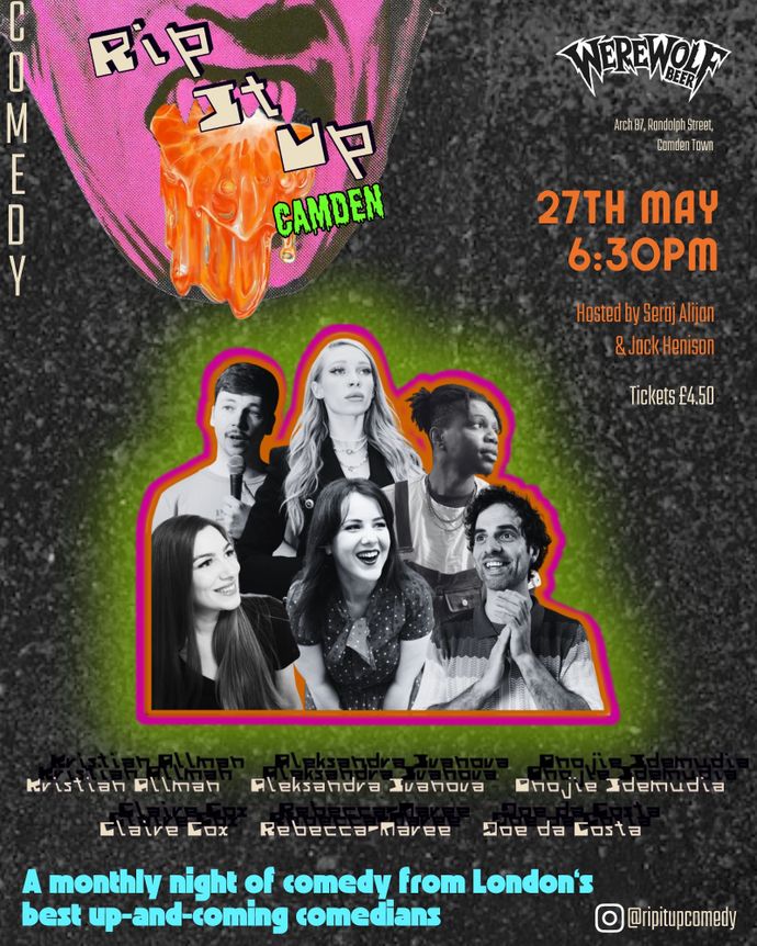 Vibrant comedy poster featuring multiple performer heads, bold colours, dripping graphic, and edgy collage-style design.