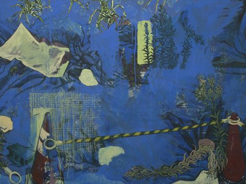 Blue painting with light green pieces, plants feature