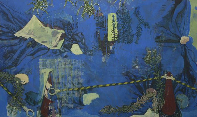 Blue painting with light green pieces, plants feature