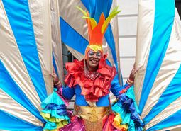 Person wearing colourful carnival costume smiles to camera