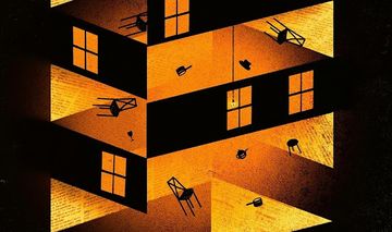 Surreal artwork of a building's interior with floating furniture and glowing windows, creating an abstract, dreamlike atmosphere.