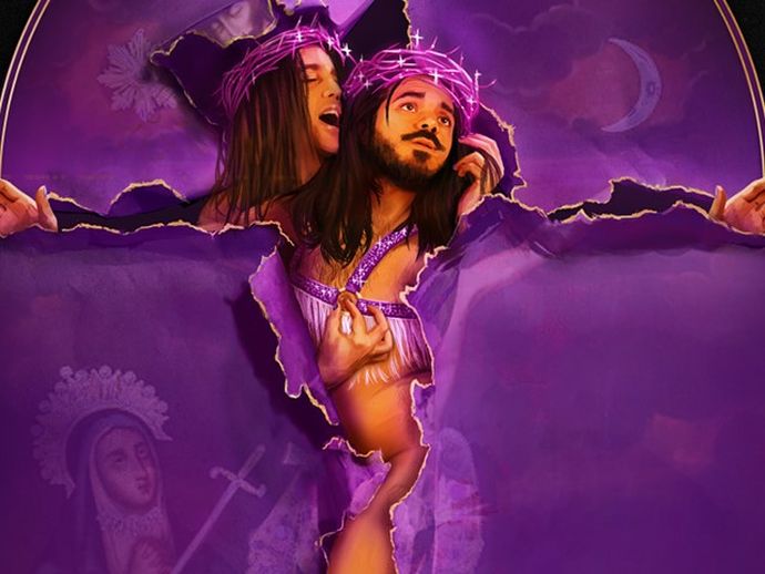 Two people in purple lighting, wearing crowns of thorns and breaking through a paper surface, with religious imagery in the background.